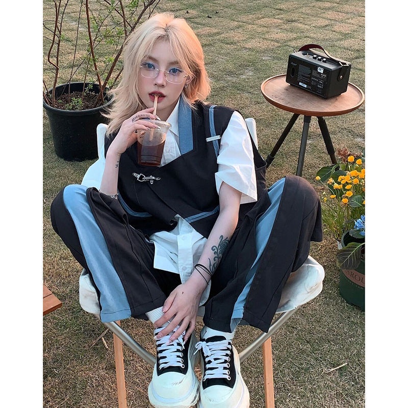 Set 3 món Áo Ghi Lê Vest+áo Sơ Mi Ngắn Tay+splice Casual Quần Mùa Hè Phù Hợp Với các  bạn cá tính