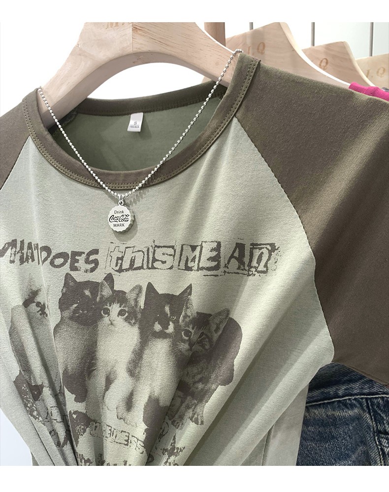 Áo Thun Tay Lửng In Họa Tiết Màu Sắc Tương Phản Phong Cách Retro Mỹ Thời Trang Mùa Hè 646