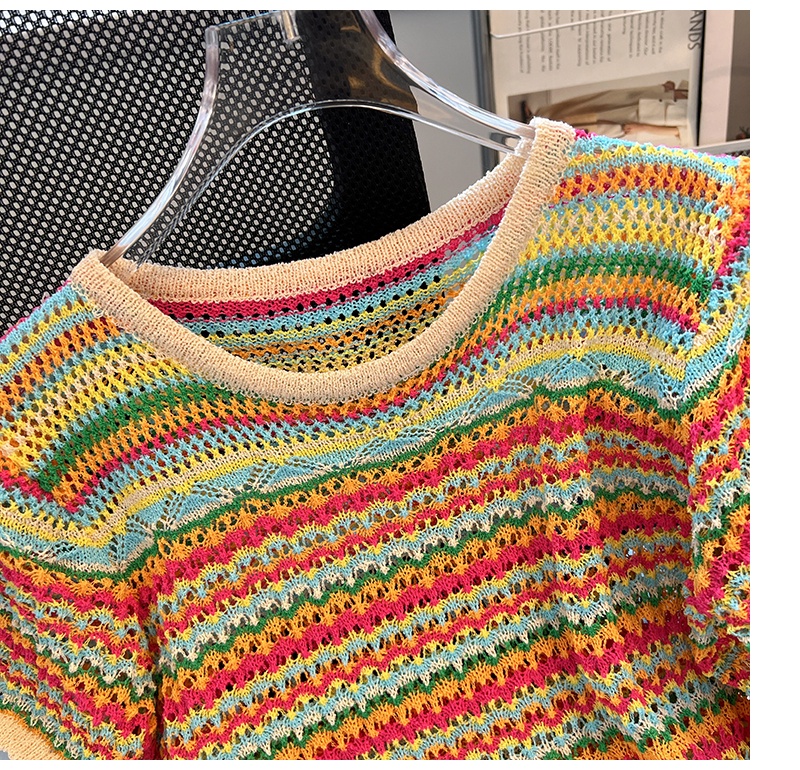 Áo Thun Dệt Kim Tay Ngắn Dáng Ôm Màu Cầu Vồng Phong Cách Hàn Quốc Thời Trang Cho Nữ