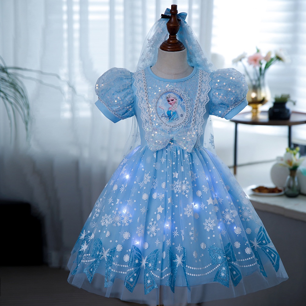 Đầm Công Chúa Elsa Tay Ngắn Phối Ren Lưới Màu Hồng / Xanh Dương Kèm Băng Đô Xinh Xắn Cho Bé Gái