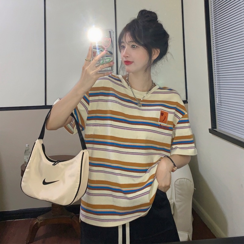 Áo Thun Tay Ngắn Họa Tiết Kẻ Sọc Màu Sắc Tương Phản Phong Cách Hàn Quốc