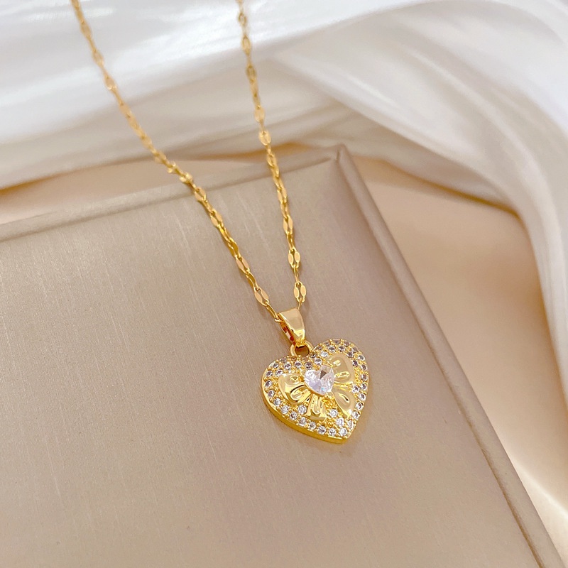XiaoboACC Dây Chuyền Thép Titan Mạ Vàng Mặt Hình Trái Tim Đính Đá Thời Trang Cho Nữ