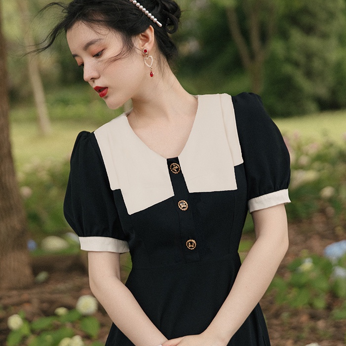 Đen Đầm Tay Phồng Cài Nút Phong Cách Hàn Quốc Thời Trang Mùa Hè Xinh Xắn Cho Nữ