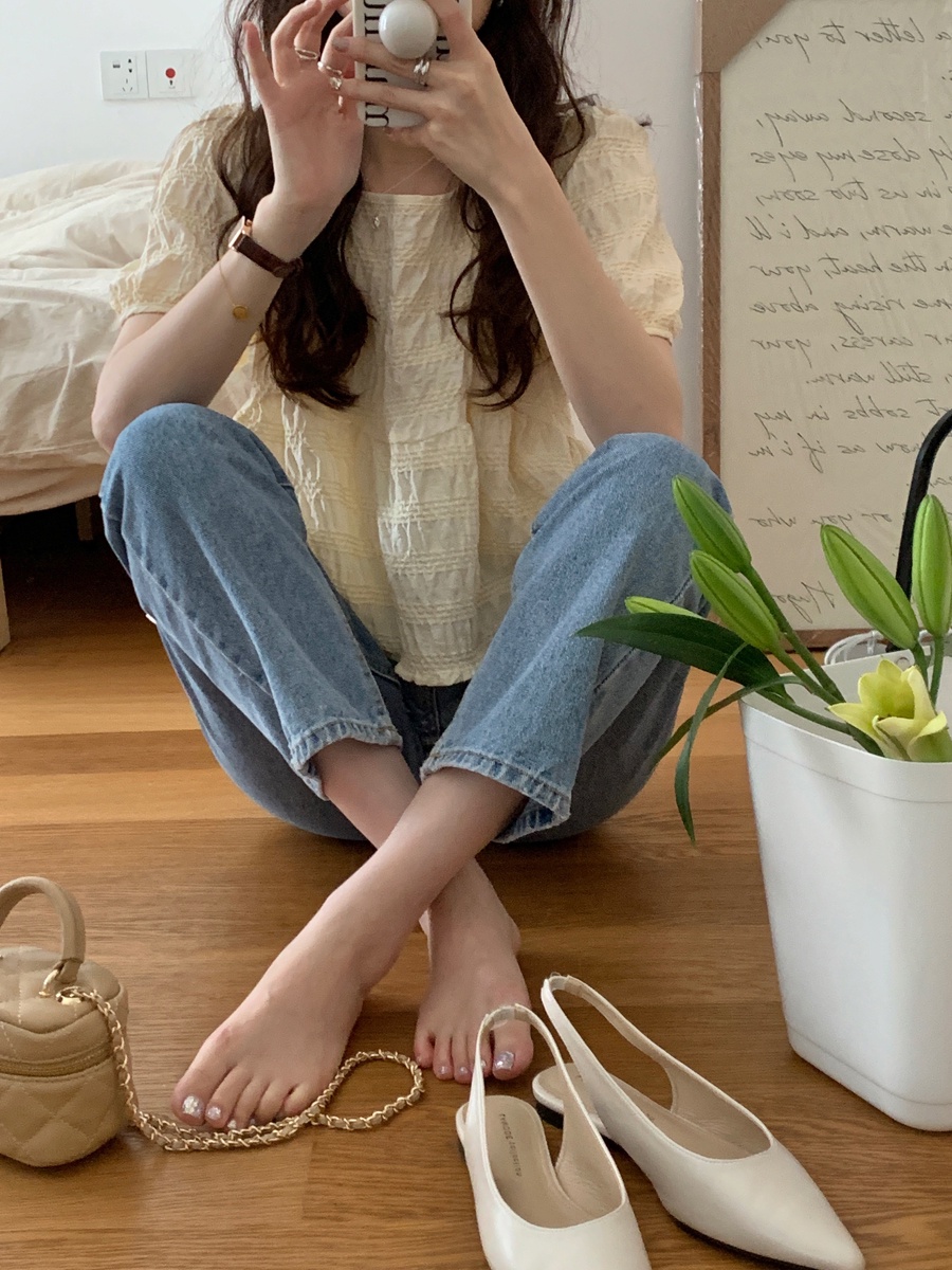 65030 Seersucker Nơ Sau Áo Sơ Mi Ngắn Tay