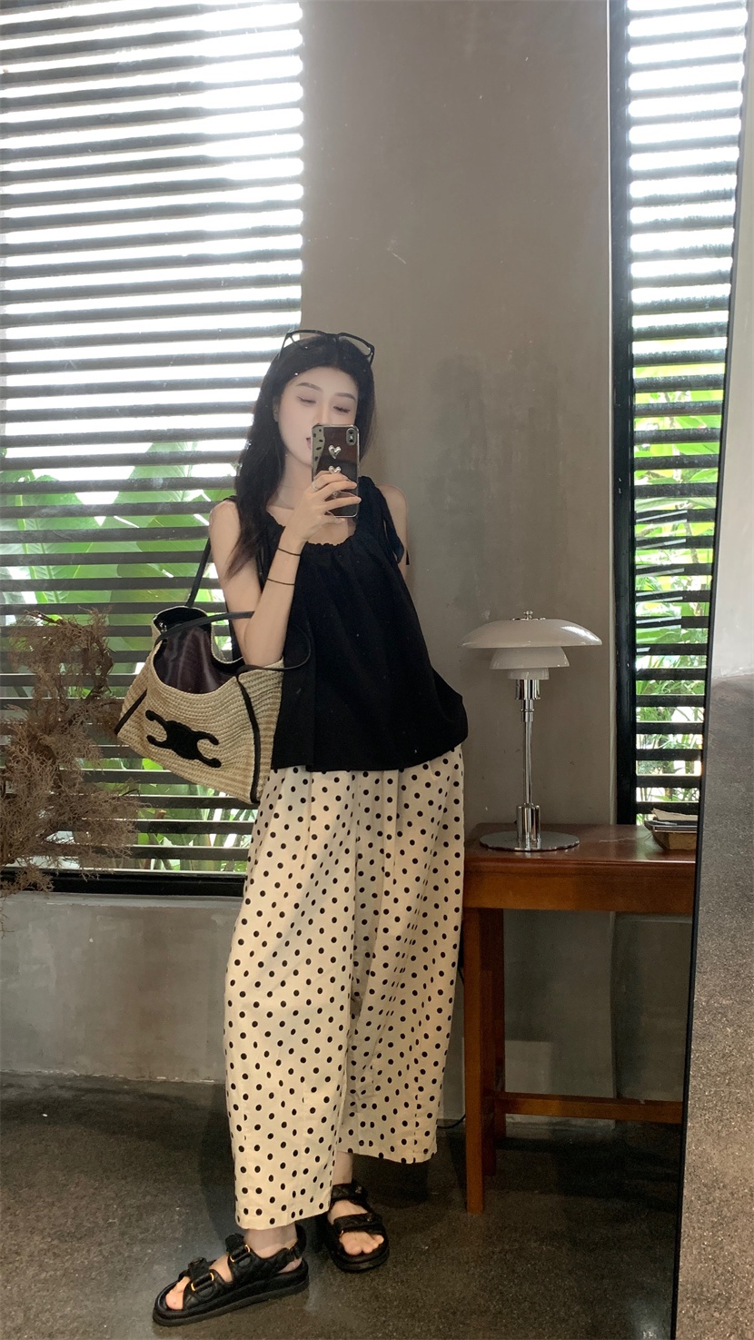 Bộ Áo Đen Cột Dây + Quần Dài Chấm Bi Ống Rộng Thời Trang 65825