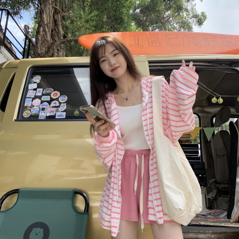 Áo Khoác cardigan Mỏng Có Nón Dáng Rộng Họa Tiết Kẻ Sọc Thời Trang Xuân Hè