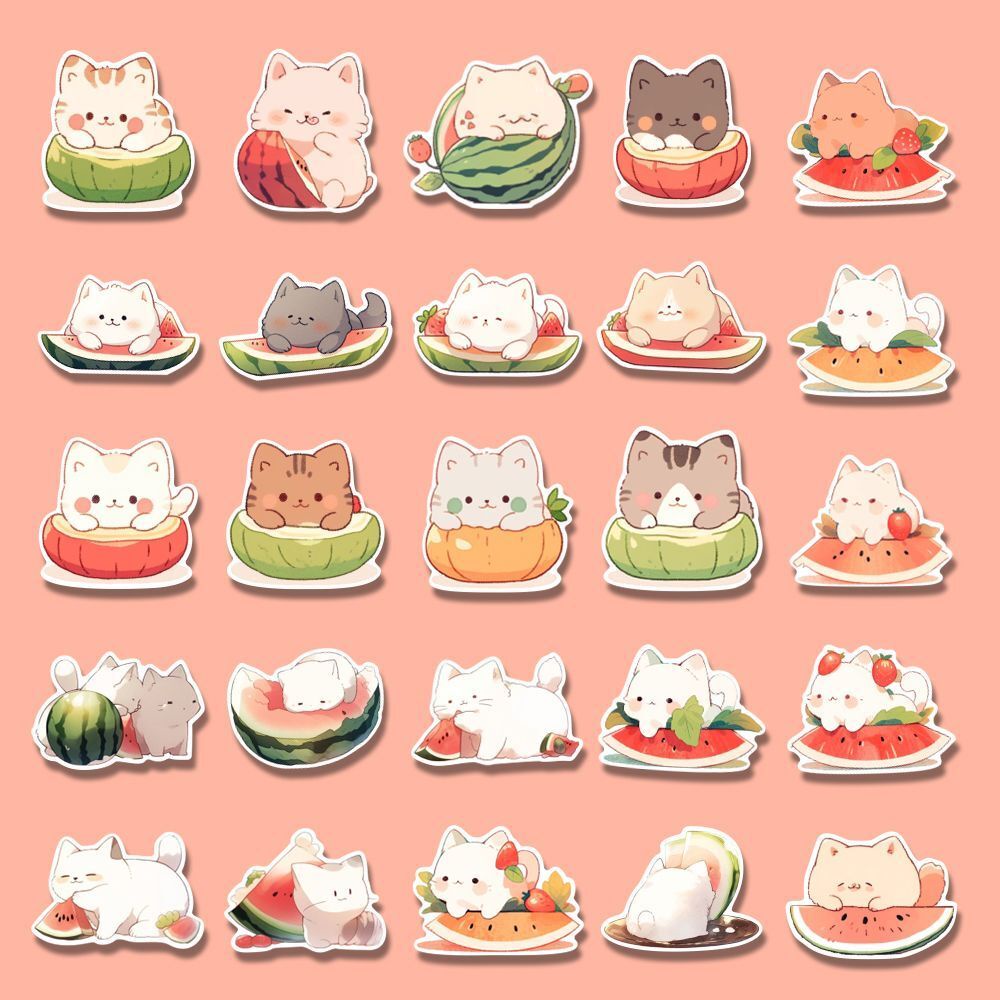 Bộ 48 Miếng Dán Trang Trí Laptop / Điện Thoại Hình Mèo Dưa Hấu Chống Thấm Nước diy