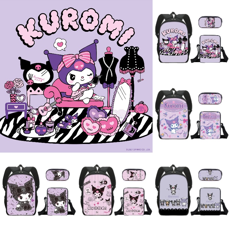 Bộ Ba Lô + Túi Đeo Vai + Bóp Viết In Hoạt Hình Sanrio Kuromi Dễ Thương