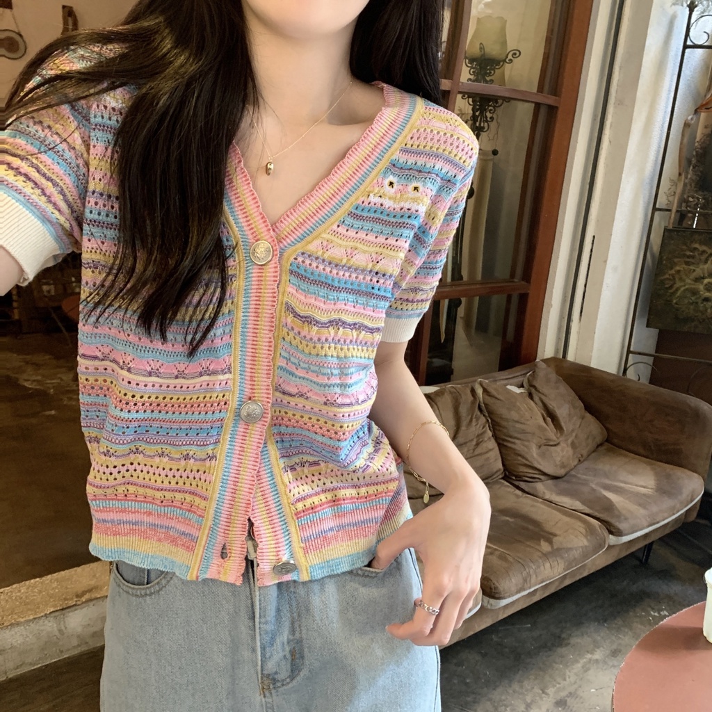 Áo Dệt Kim Cổ Chữ V Tay Ngắn Họa Tiết Kẻ Sọc Màu Sắc Cầu Vồng Phong Cách Hàn Quốc Thời Trang Mùa Hè