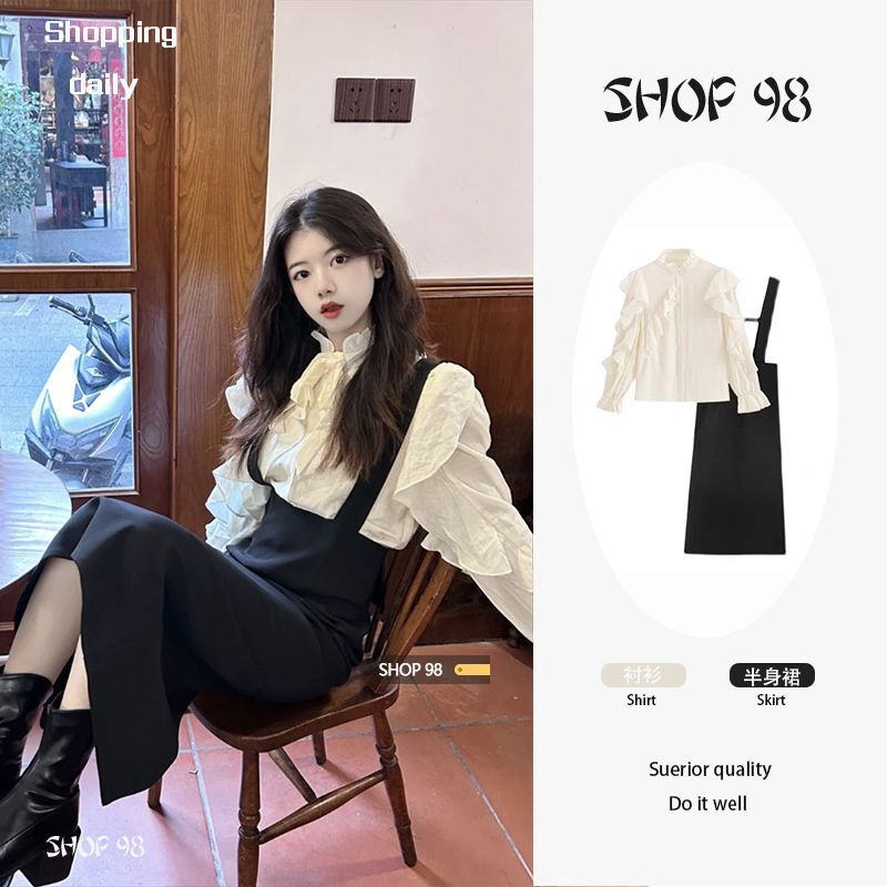 SHOP 98 Khí chất nhẹ nhàng và quen thuộc áo sơ mi nữ mùa xuân và mùa thu thiết kế mới cảm giác váy cạp cao xẻ tà treo