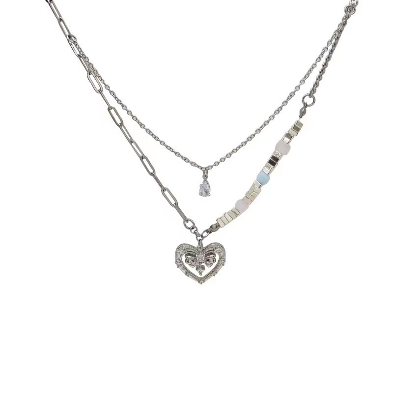 Dây Chuyền Hai Lớp Hình Nơ Đính Đá Trái Tim Thời Trang Cao Cấp Dành Cho Nữ