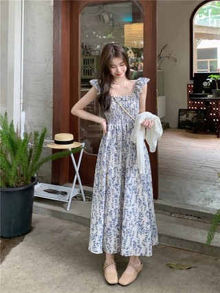 Đầm Hoa Cổ Vuông Phối Bèo Nhún Thời Trang Mùa Hè Sành Điệu 66126