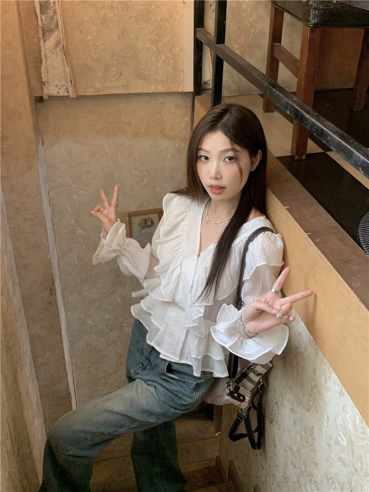 Áo Sơ Mi Cổ Chữ v Viền Bèo Phong Cách Hàn Quốc Kiểu Mới 64490