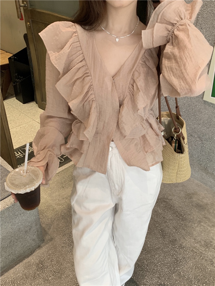 Áo Sơ Mi Cổ Chữ v Viền Bèo Phong Cách Hàn Quốc Kiểu Mới 64490