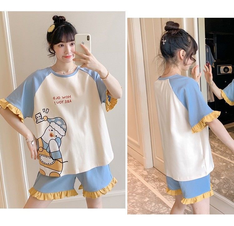 Bộ đồ ngủ nữ phù hợp với quần short ngắn tay kích thước lớn rời băng lụa lụa cổ chữ v hoạt hình dễ thương in rời nhà dịch vụ phù hợp với