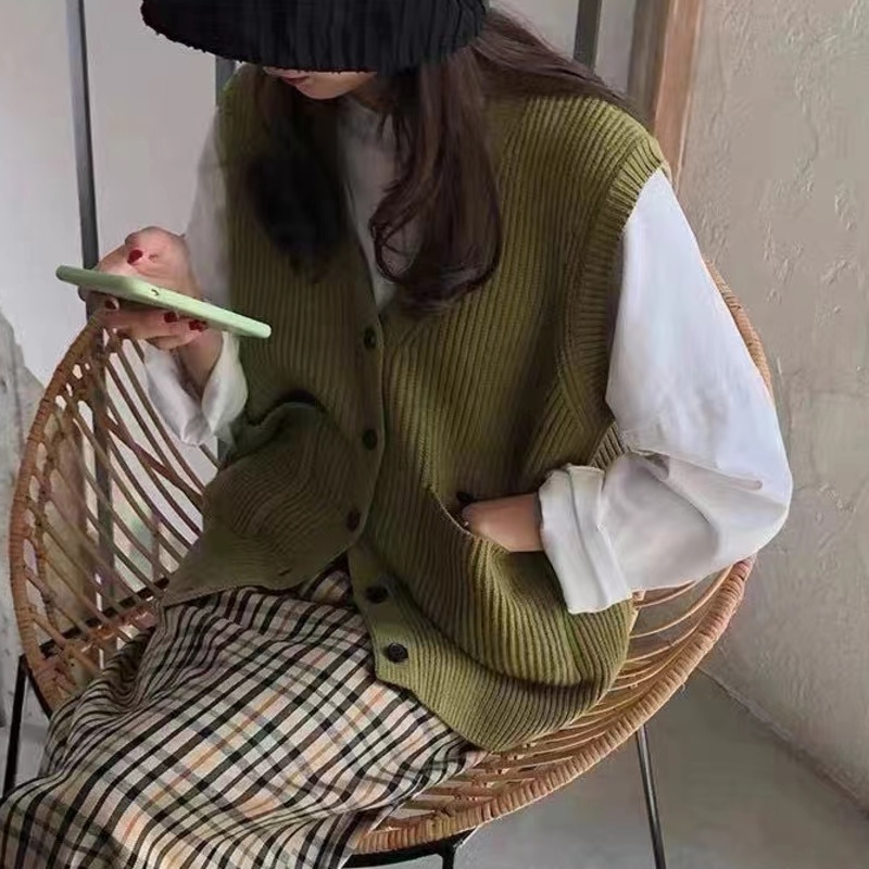 Áo sweater RENJIANVSHENG dệt kim không tay dáng rộng kiểu Hàn Quốc cổ điển dễ thương cho nữ