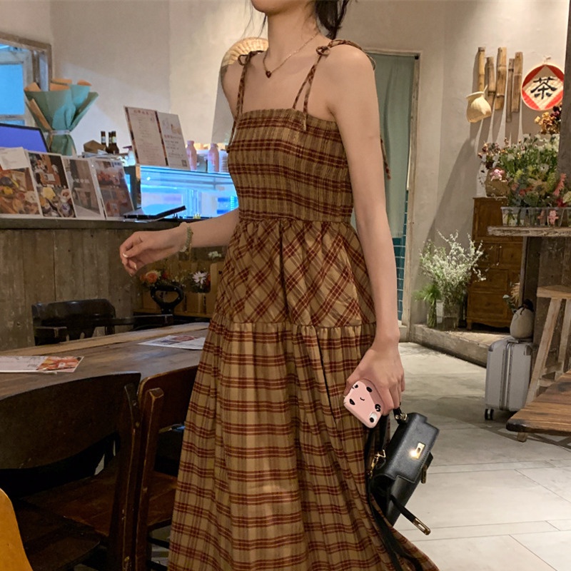 Đầm Nữ Ca Rô Dài Hở Vai Thời Trang Hàn