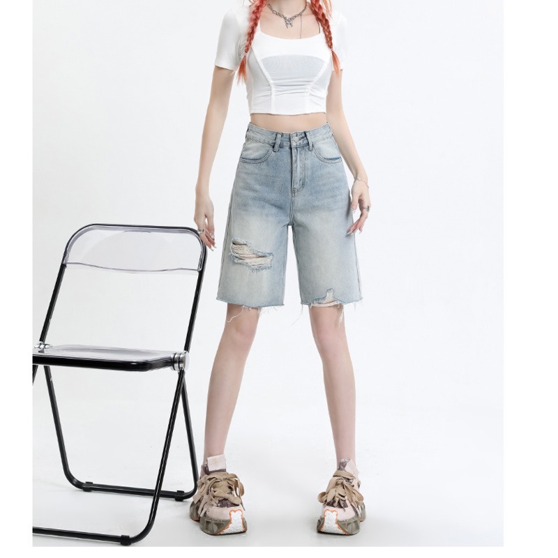 Quần Sọt Denim Lưng Cao RENJIANVSHENG Thiết Kế Rách Cá Tính