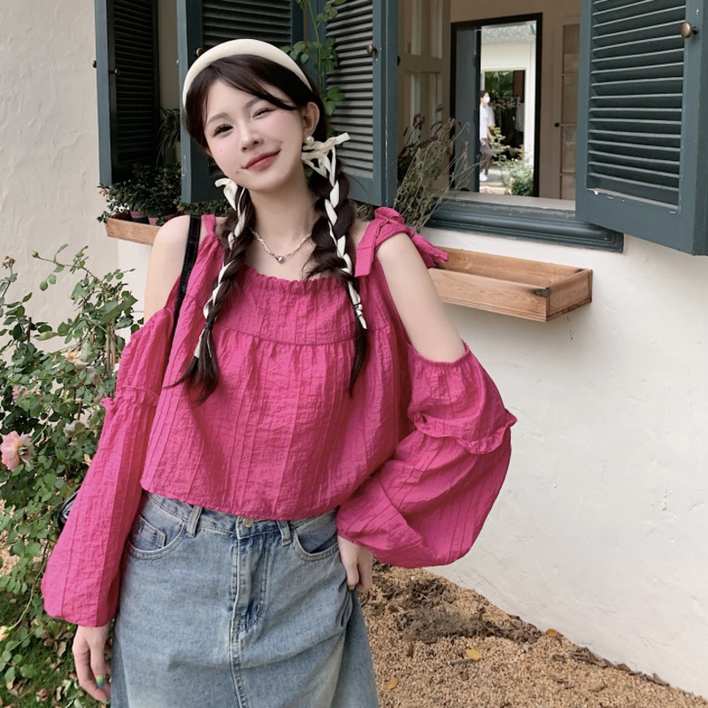 Áo Kiểu Tay Dài Phồng Trễ Vai Phối Dây Thắt Thời Trang Quyến Rũ Cho Nữ