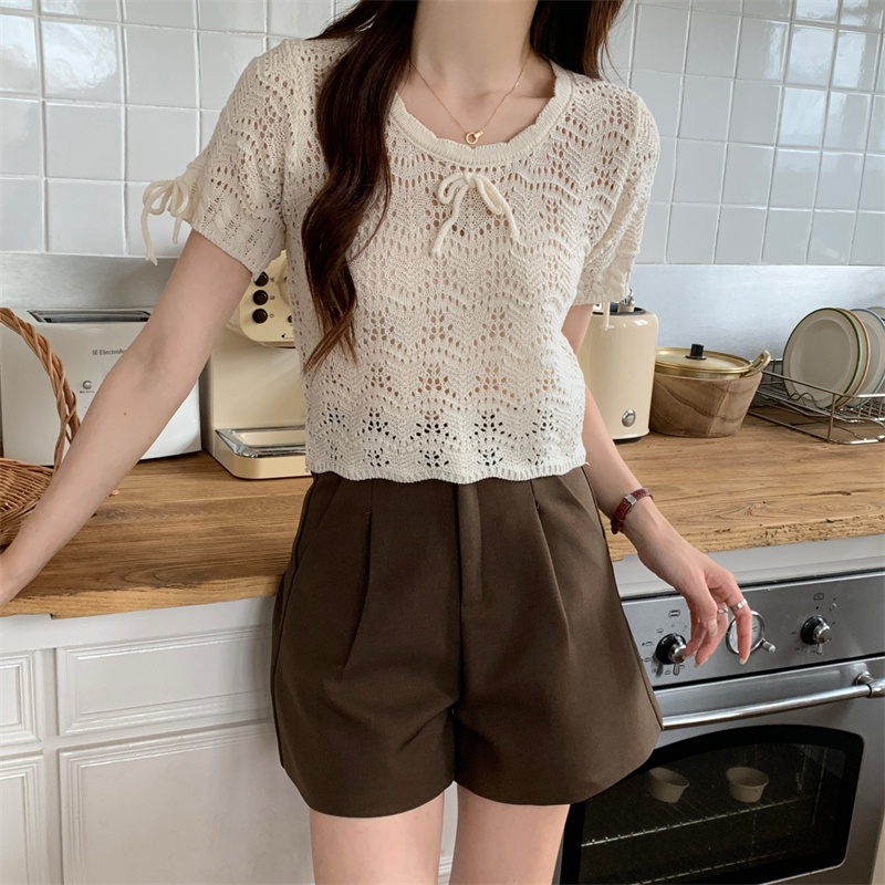 Áo Thun Dệt Kim Tay Ngắn Thiết Kế Khoét Lỗ Thời Trang Mùa Hè Hàng Mới