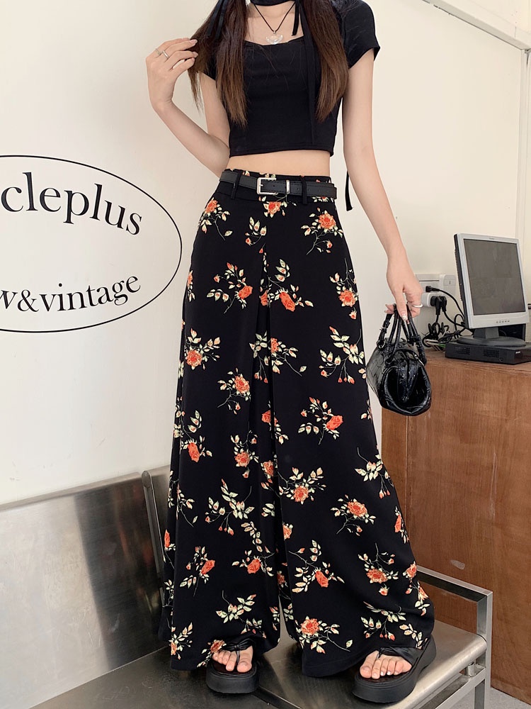 Quần Ống Rộng Lưng Cao In Hoa Phối Thắt Lưng Phong Cách Hàn Quốc Mới 64557
