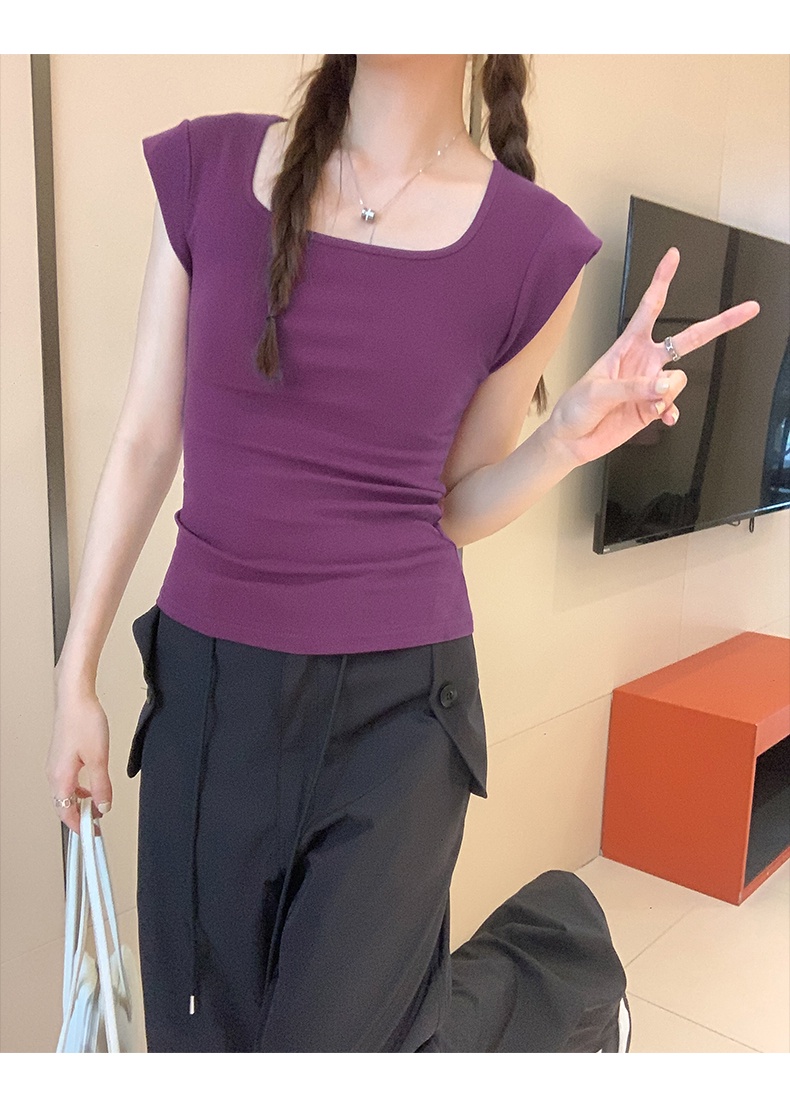 Áo Thun Dáng Ôm Cổ Vuông Ngắn Tay Thoải Mái Thời Trang Nữ 65175