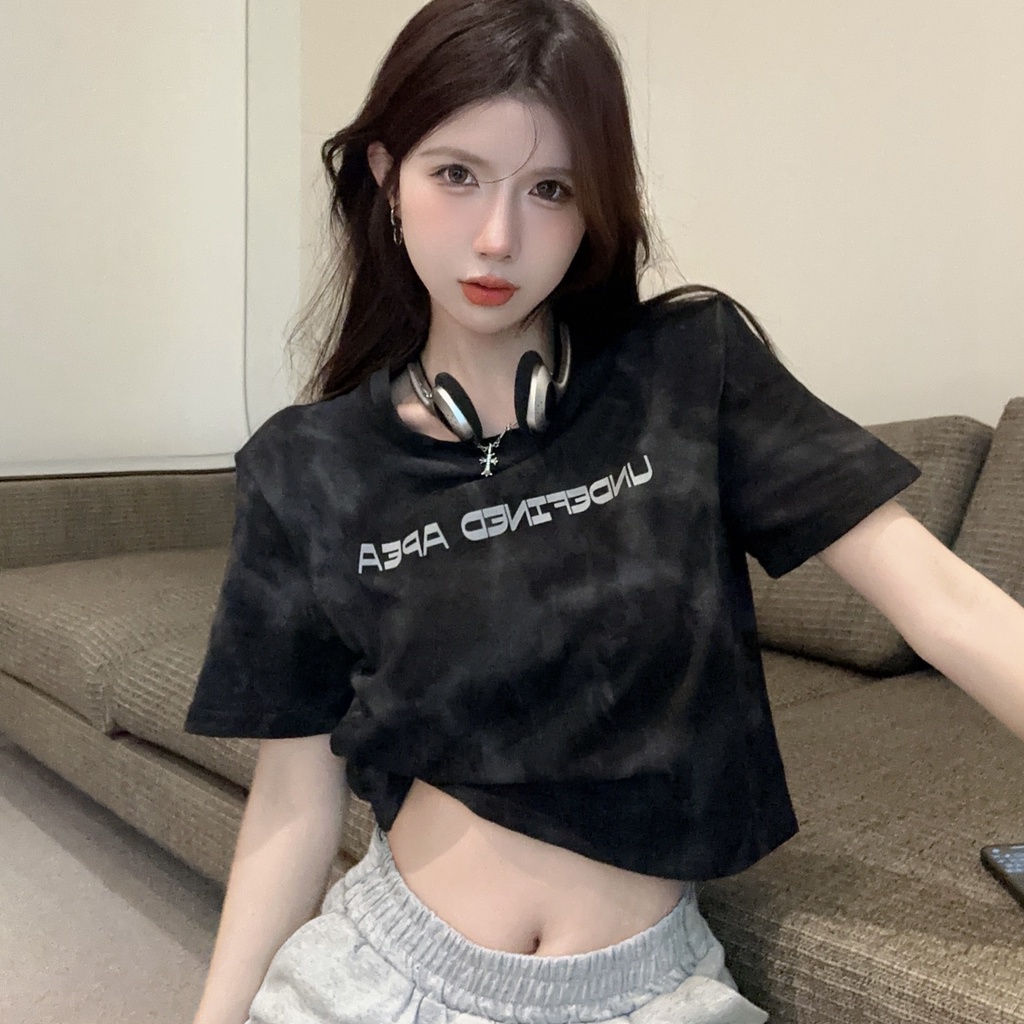 Áo Thun Ngắn Tay Dáng Rộng In Chữ Phối Màu Nhuộm Cá Tính