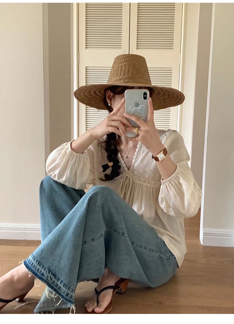 Áo Sơ Mi Cổ V Dài Tay Phong Cách Retro Sành Điệu 66076