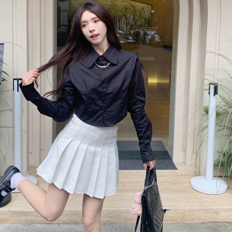 Misssumey phụ nữ hàn quốc polo cổ áo dài tay áo sơ mi crop top