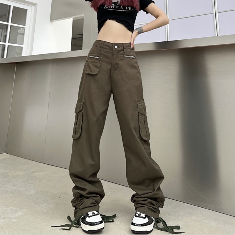 Quần Dài Lưng Cao Ống Rộng Phối Túi Phong Cách Retro