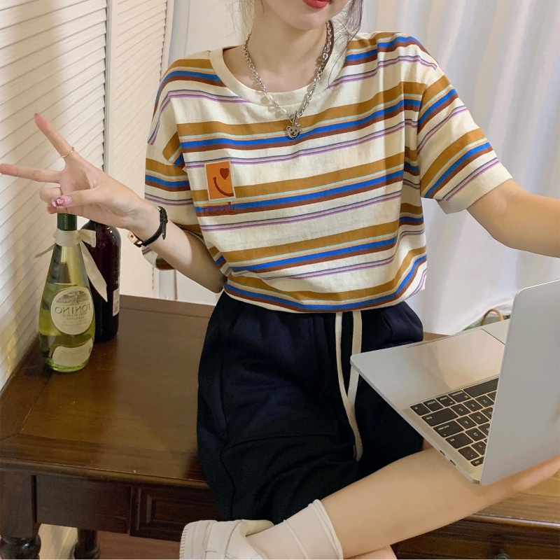 Áo Thun Tay Ngắn Họa Tiết Kẻ Sọc Màu Sắc Tương Phản Phong Cách Hàn Quốc