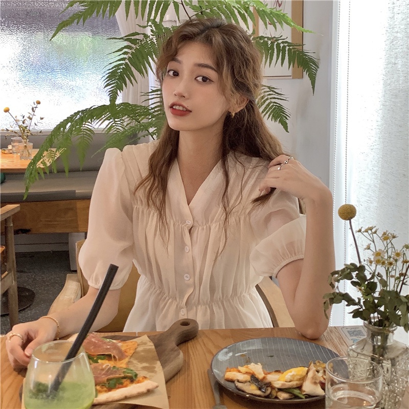 Áo Sơ Mi Tay Ngắn Phồng Cổ Chữ V Xếp Ly Phong Cách Hàn Quốc