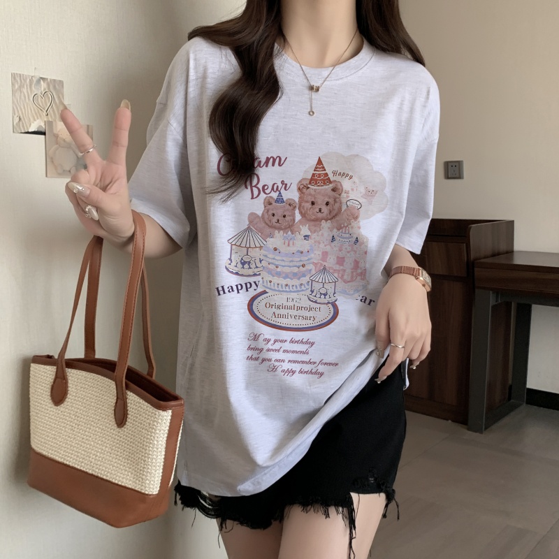 Áo Thun Cotton Dáng Rộng Ngắn Tay In Hình Gấu Thời Trang Mùa Hè Cá Tính 62447
