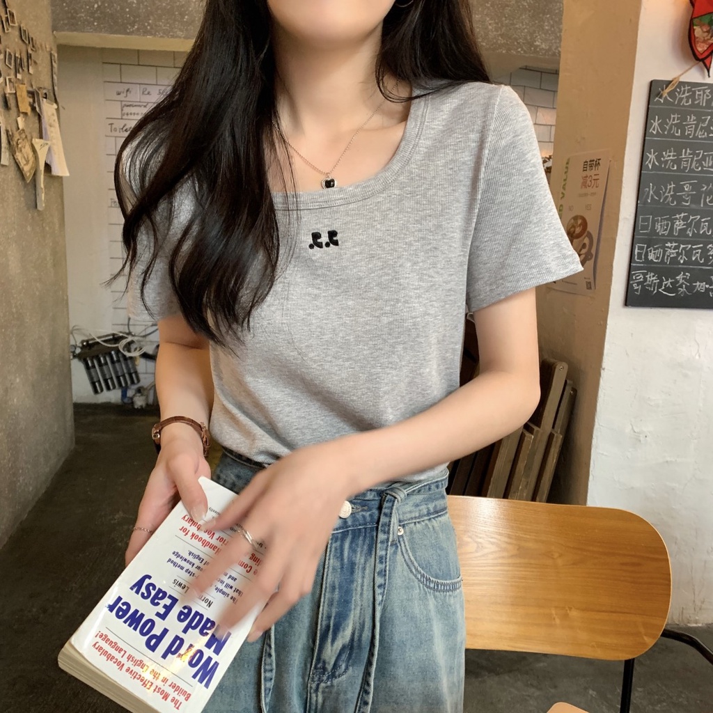 Áo Thun Cotton Cổ Tròn Dáng Rộng Tay Ngắn Thêu Họa Tiết Thời Trang Xuân Hè 62658