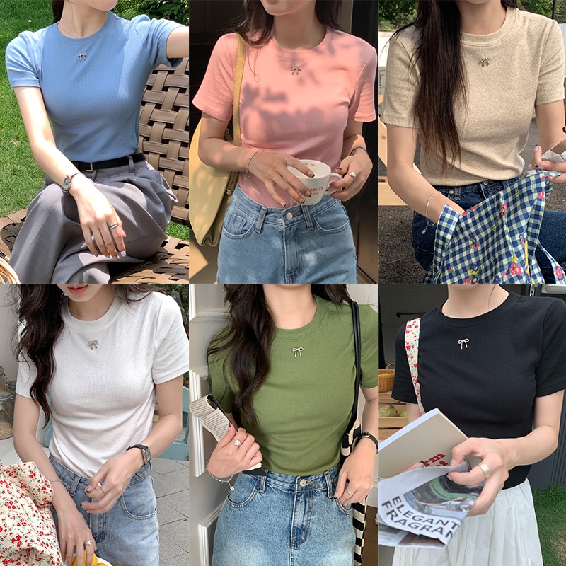 Áo Thun Cotton Co Giãn Thoải Mái Đính Nơ Nhỏ Xinh Xắn 63858