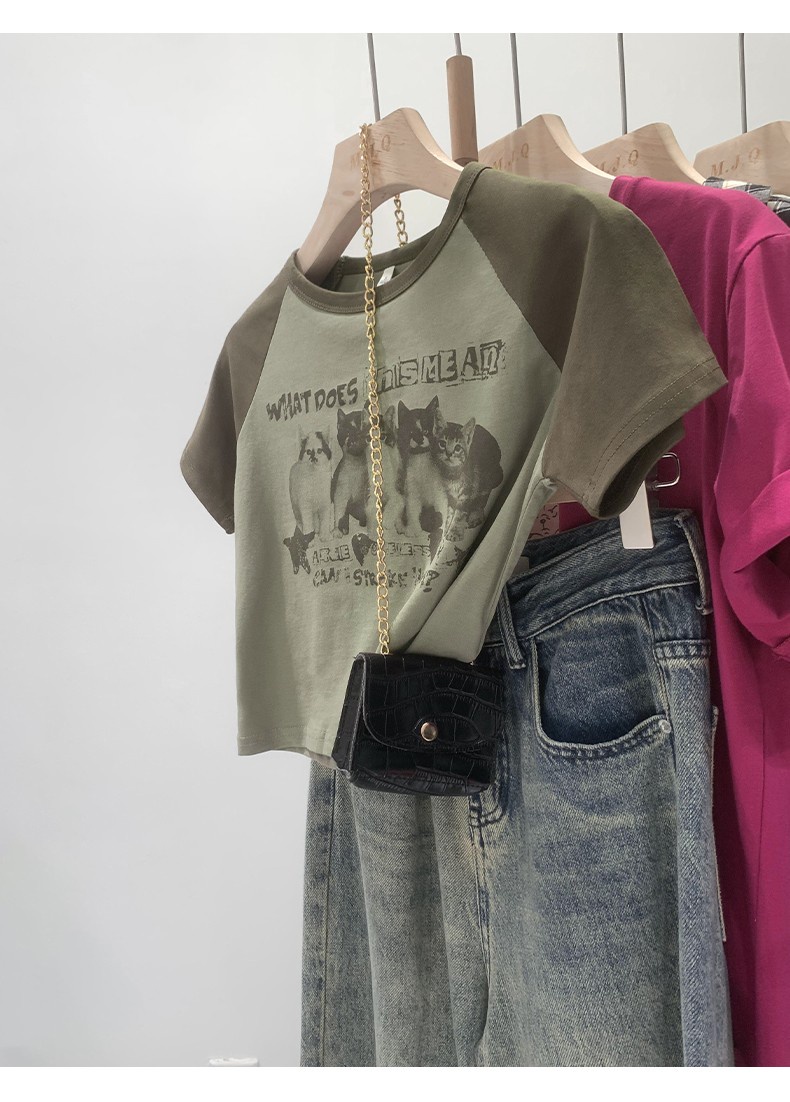 Áo Thun Tay Lửng In Họa Tiết Màu Sắc Tương Phản Phong Cách Retro Mỹ Thời Trang Mùa Hè 646