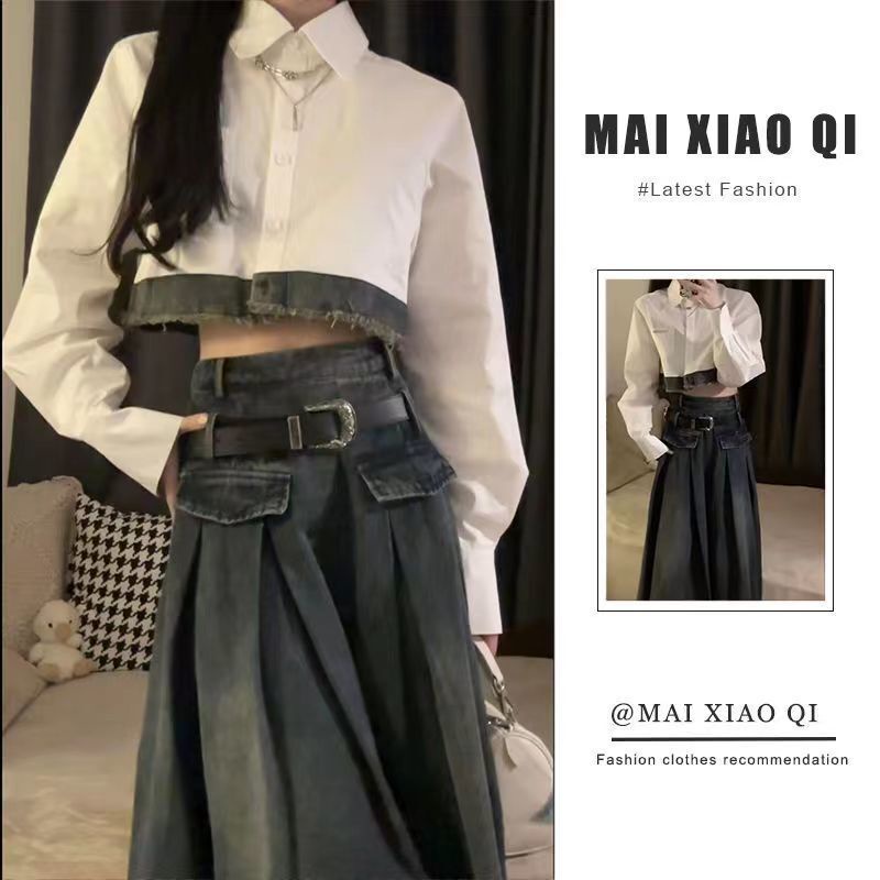 Bộ đồ mùa xuân nữ thiết kế mới cảm giác polo cổ khâu áo sơ mi lưng cao váy denim 2 bộ