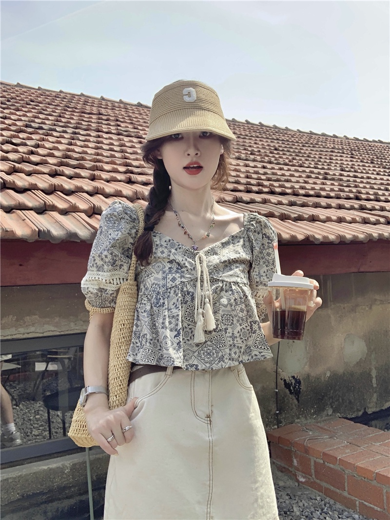 65661 Áo Sơ Mi Ngắn Tay Phồng In Họa Tiết Cổ Điển Phong Cách Mới Mùa Hè