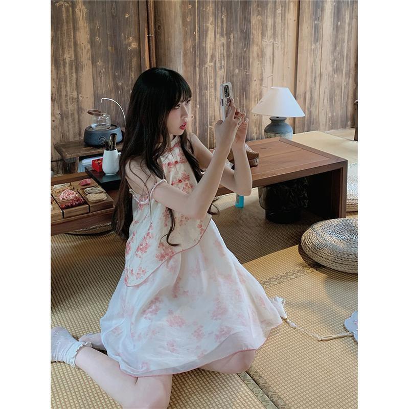 Set váy bạn thân phong cách cổ trang trung hoa, váy nữ hoa nhí