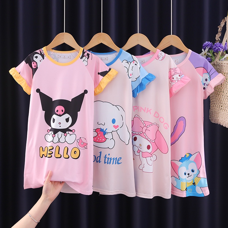 Váy Bộ Đồ Ngủ Gấu Dâu Tay Ngắn In Hình Kuromi Sanrio Cinnamoroll Dễ Thương Pijama Cho Bé Gái