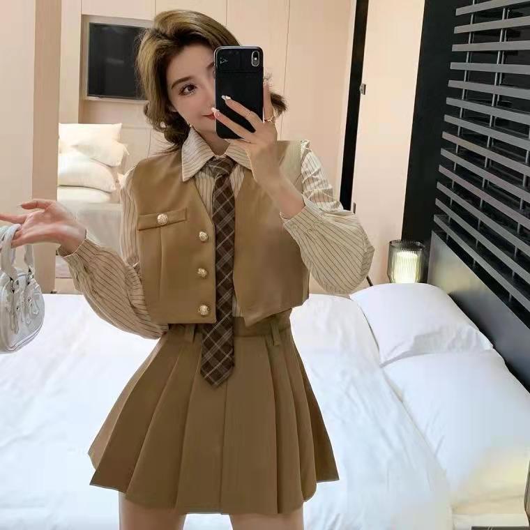 Áo Sơ Mi Sọc Kiểu Mỹ Với Áo Gi Lê Tinh Tế Váy Xếp Li Ba Mảnh Ngọt Ngào Cay Học Viện Phong Cách Nữ Sinh