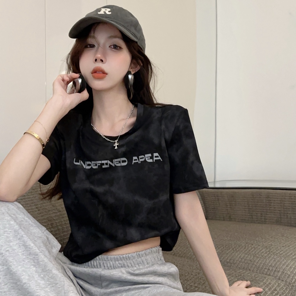 Áo Thun Ngắn Tay Dáng Rộng In Chữ Phối Màu Nhuộm Cá Tính