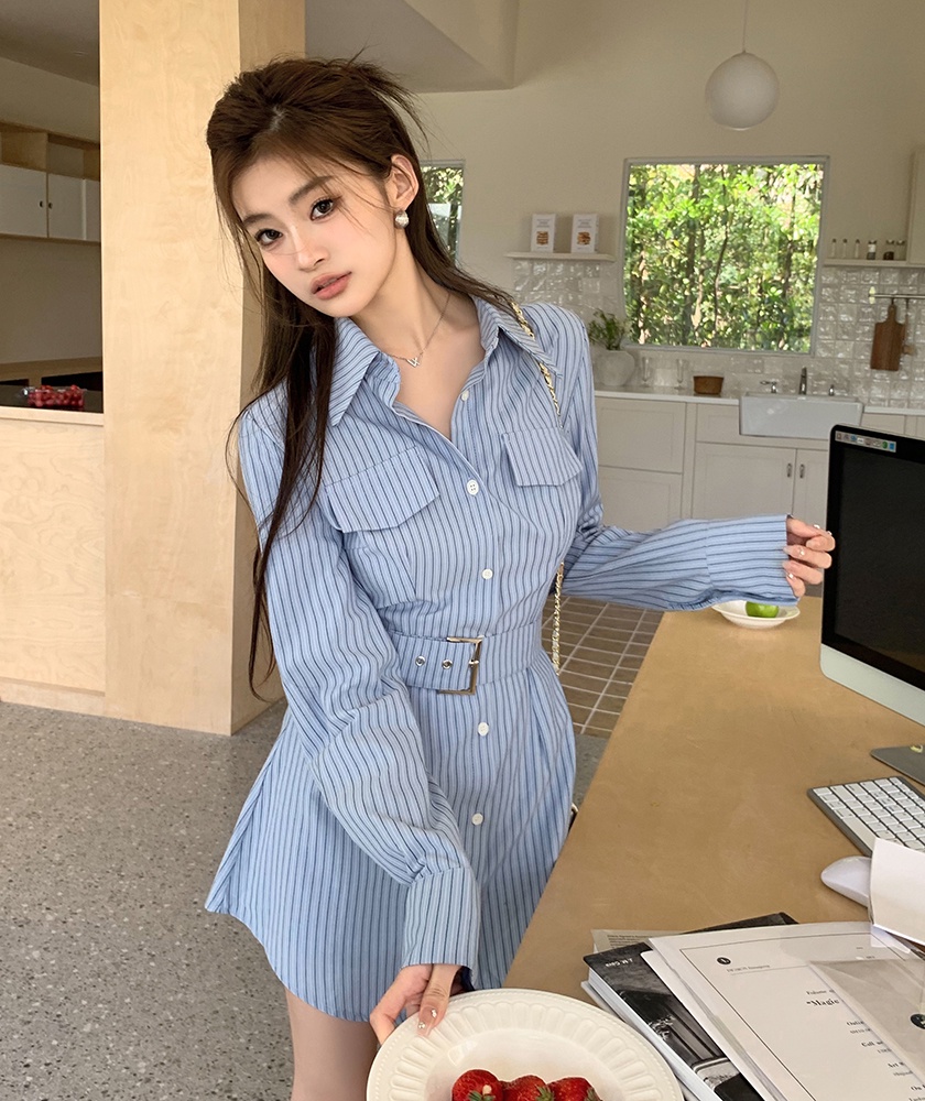 64127 Đầm Ngắn Hai Mảnh Họa Tiết Sọc Phong Cách Mới