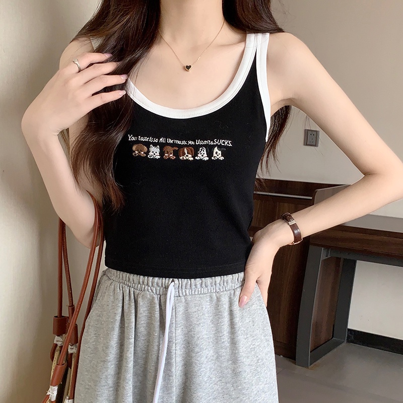 Áo Hai Dây Thêu Họa Tiết Màu Sắc Tương Phản Phong Cách Retro Mỹ 65110