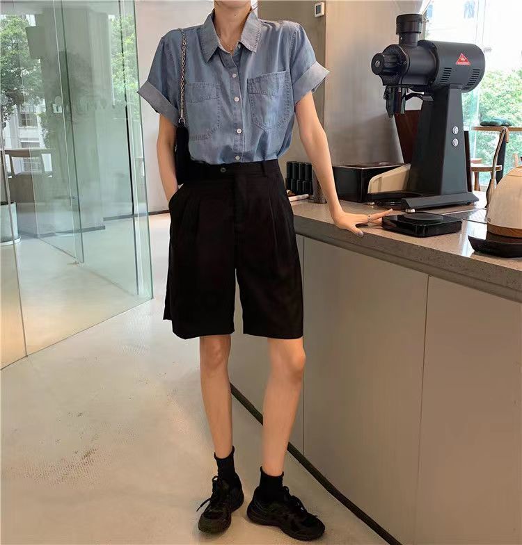 Áo Sơ Mi Denim Tay Ngắn Thời Trang Mùa Hè 2023 Dành Cho Nữ