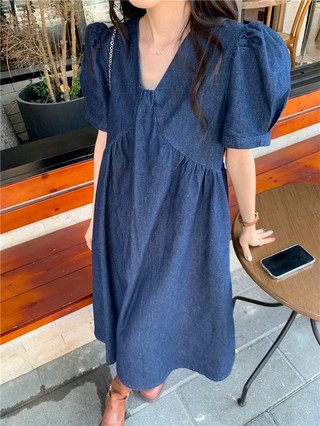66343 chicv Cổ Áo Phồng Dài Tay Áo denim