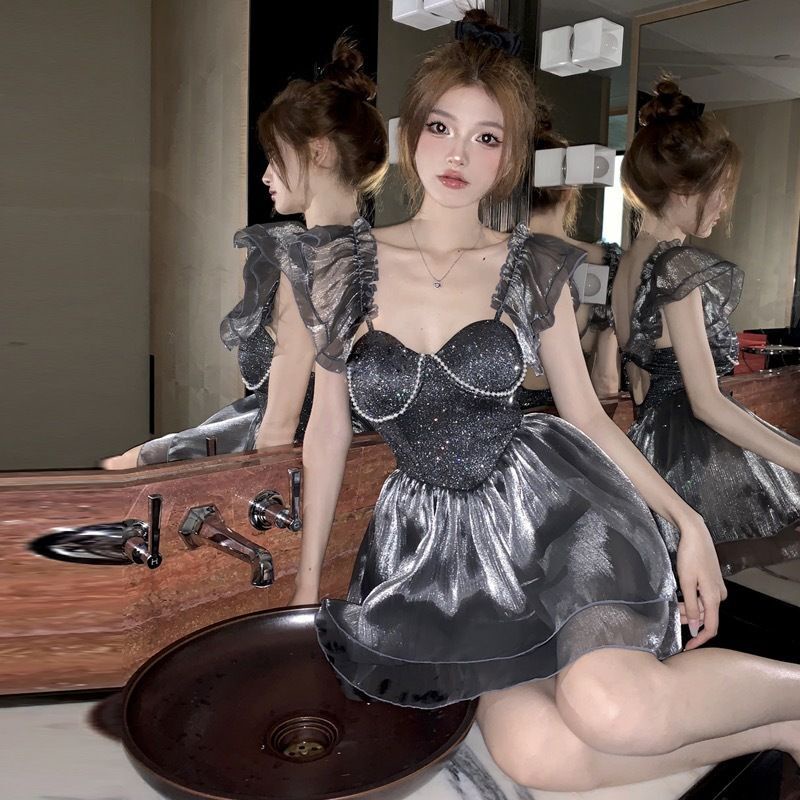 Váy Thiết Kế Thời Trang, Màu Đen Bóng Sang Trọng, Thiết Kế Váy Đi Tiệc Quý Phái Nữ