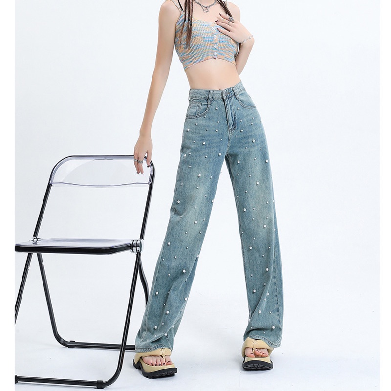 Quần Denim Ống Rộng Đính RENJIANVSHENG Hạt Thời Trang Hàn Quốc