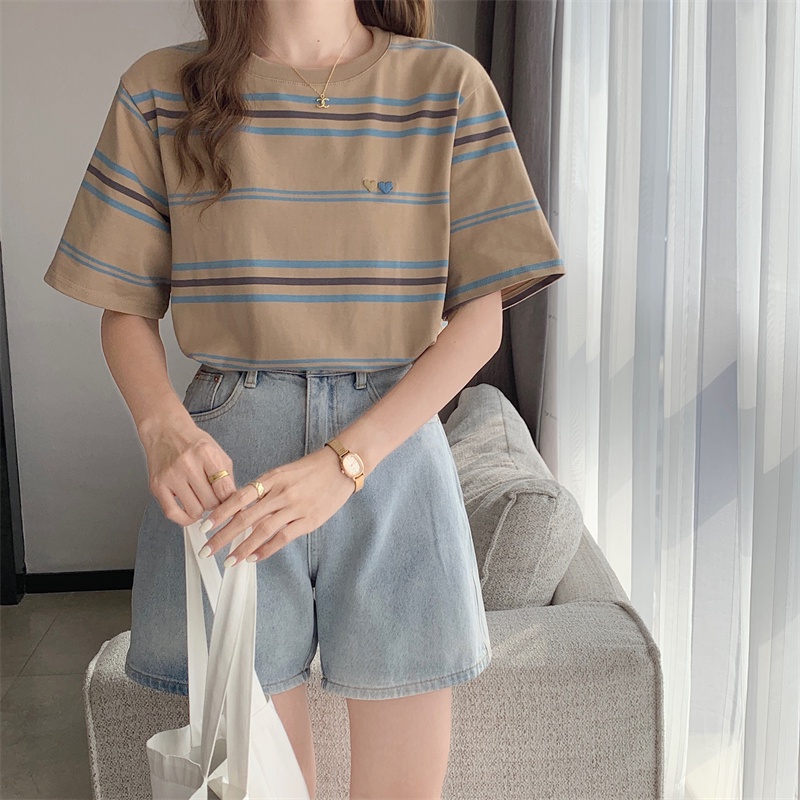 Áo Thun Tay Ngắn Cổ Tròn Thêu Họa Tiết Trái Tim Phối Màu Tương Phản Thời Trang Xuân Hè Hàng Mới 63972