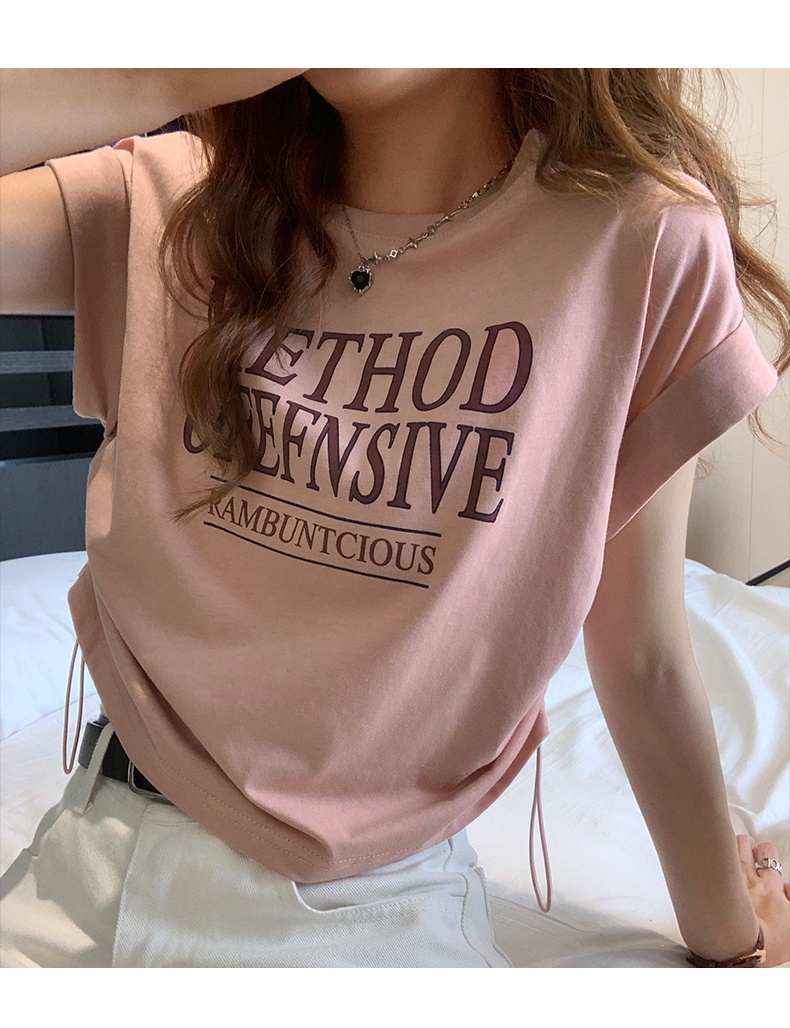 Áo Thun Cộc Tay Dáng Ôm Phối Dây Rút In Chữ Phong Cách Mỹ Thời Trang Mùa Hè 64286